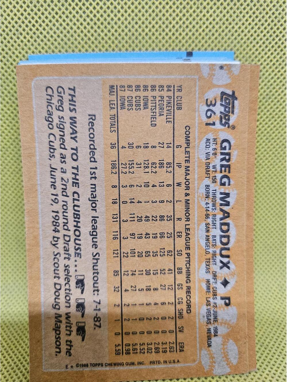 Greg Maddux - HOF - 1988 Topps #361 - Cubs - RAW Mint - Picture 2 of 2
